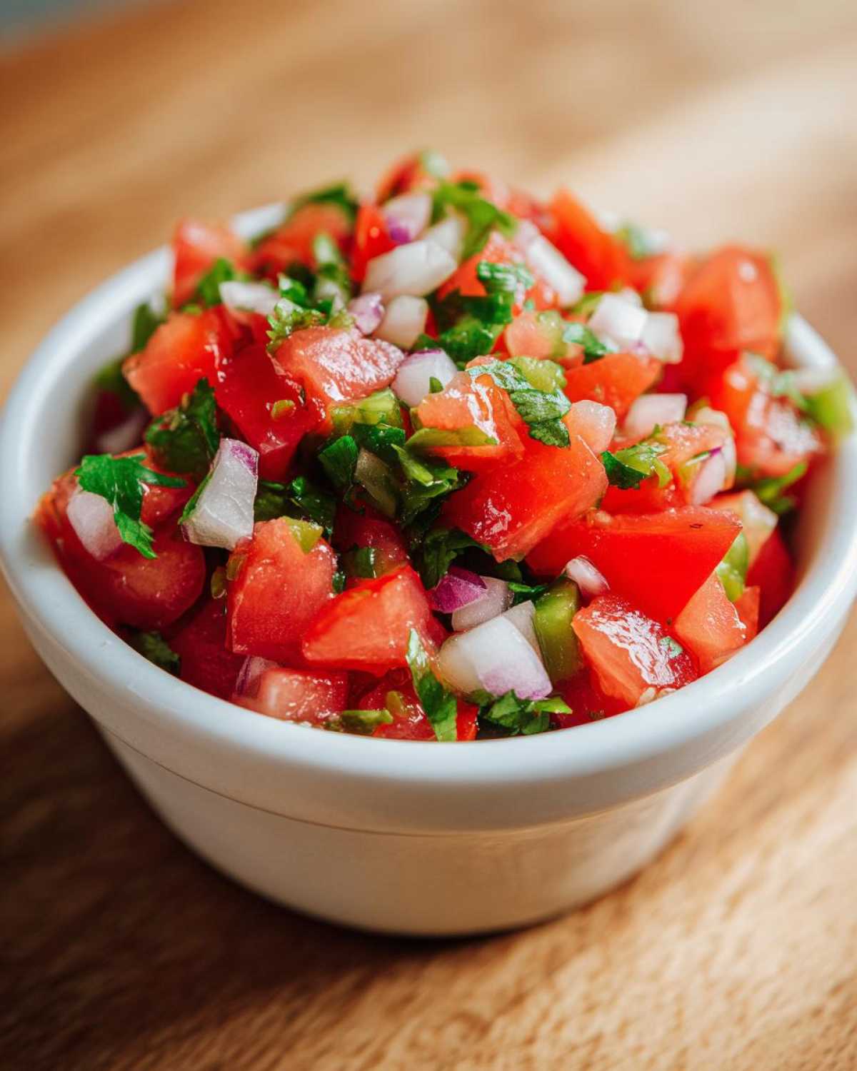 Close-up of fresh Authentic Pico de Gallo with Lime, featuring diced tomatoes, onions, and cilantro in a small white bowl.