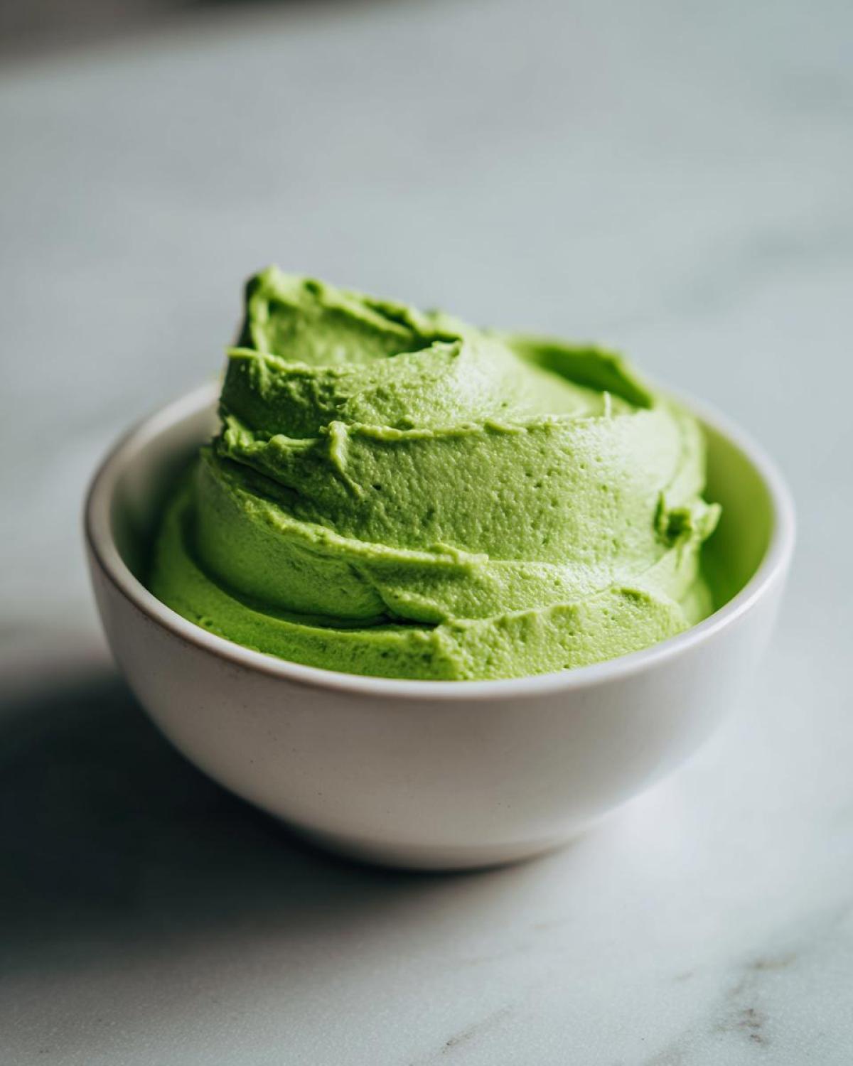 A small white bowl filled with vibrant green, creamy Avocado Crema with Lime and Cilantro, set on a light marble surface.