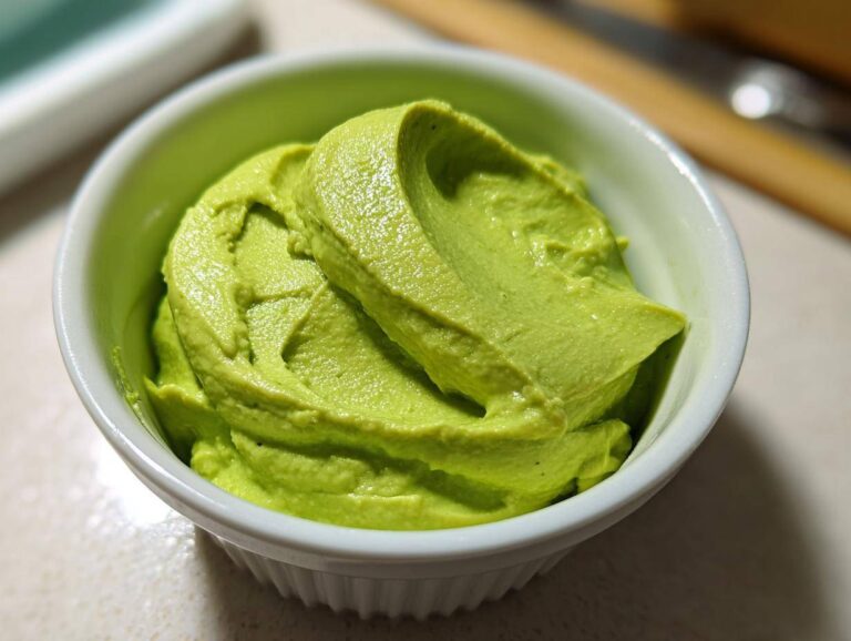 Close-up of bright green, creamy Avocado Crema with Lime and Cilantro swirled in a small white ramekin.