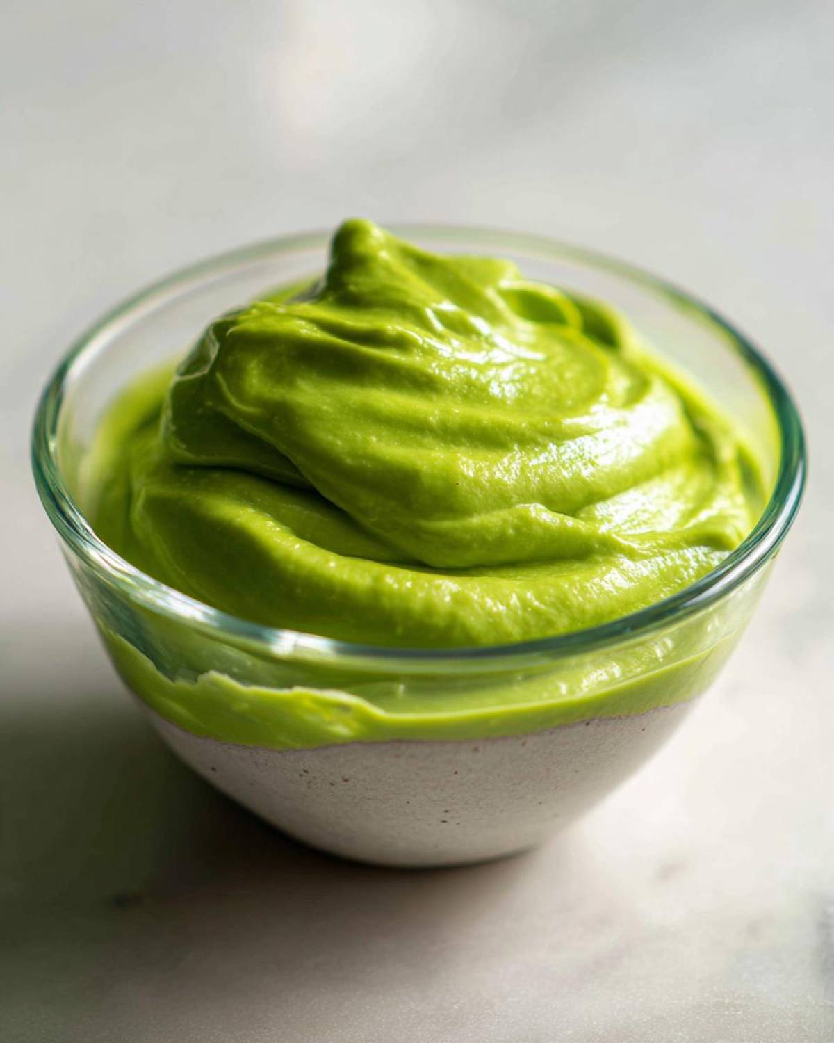 Close-up of bright green Avocado Crema with Lime and Cilantro swirled high in a clear glass bowl.
