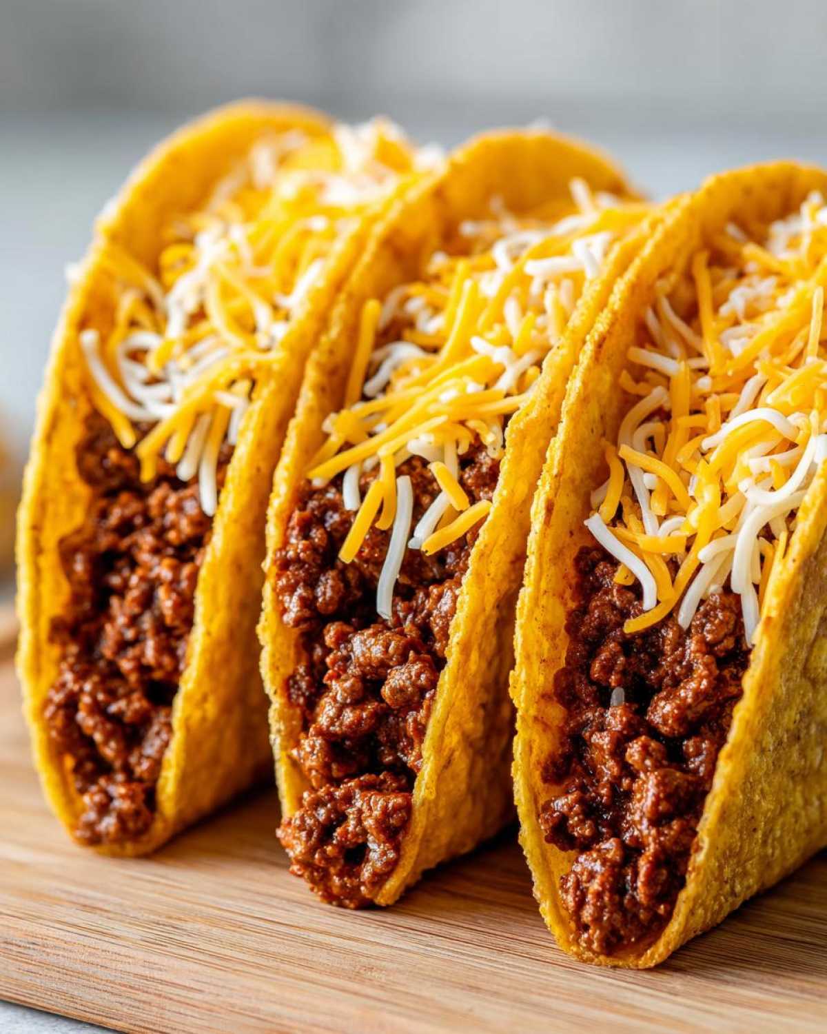 Close-up of three crispy Baked Beef Tacos with Melted Cheese, filled with seasoned ground beef.