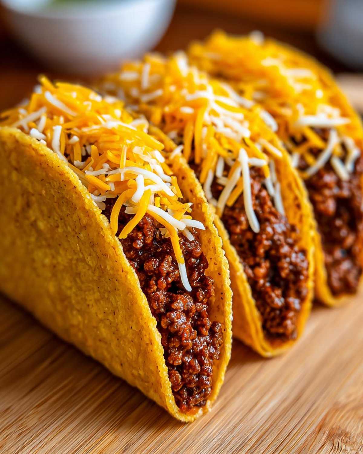 Three crispy, hard-shell Baked Beef Tacos with Melted Cheese filling, topped with shredded cheddar and Monterey Jack.