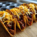Four crispy Baked Beef Tacos with Melted Cheese filling lined up on a wooden cutting board.