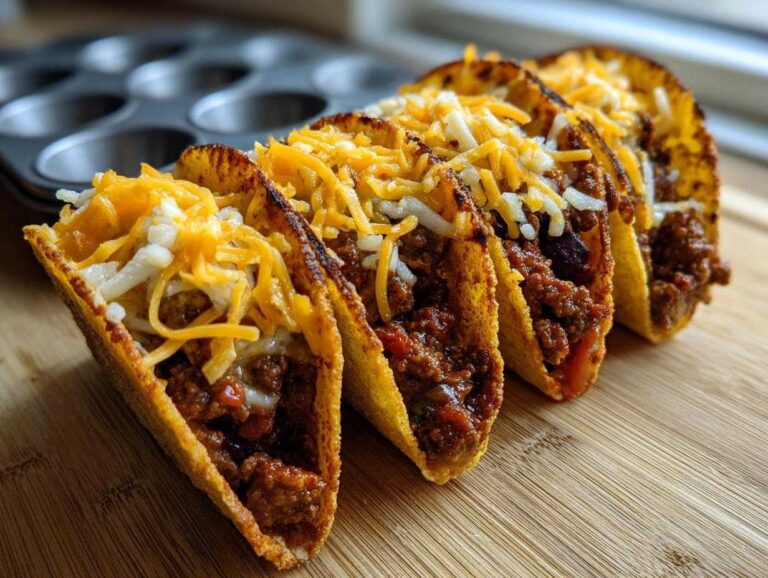 Four crispy Baked Beef Tacos with Melted Cheese filling lined up on a wooden cutting board.