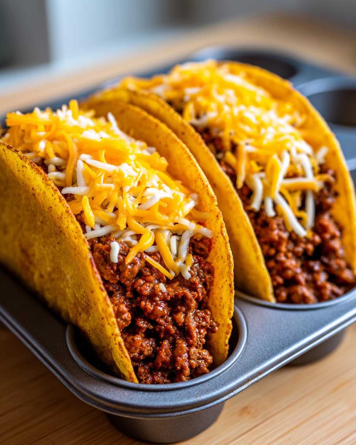 Two crispy shells filled with seasoned ground beef and topped with shredded cheddar and Monterey Jack cheese for Baked Beef Tacos with Melted Cheese.