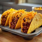 Four crispy shells filled with seasoned ground beef and topped with shredded cheddar cheese, held upright in a muffin tin for Baked Beef Tacos with Melted Cheese.