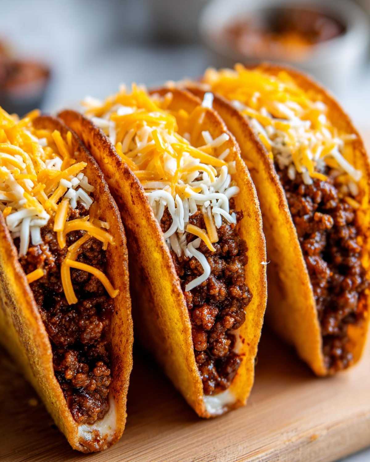 Close-up of three crispy Baked Beef Tacos with Melted Cheese filling.