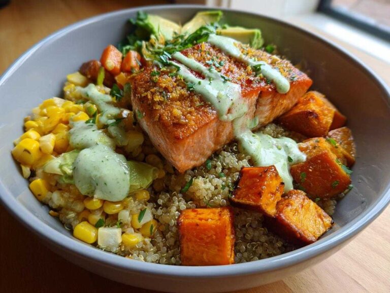 Close-up of a vibrant BBQ Salmon Bowl featuring a piece of glazed salmon over quinoa, roasted sweet potato, corn, and avocado slices.
