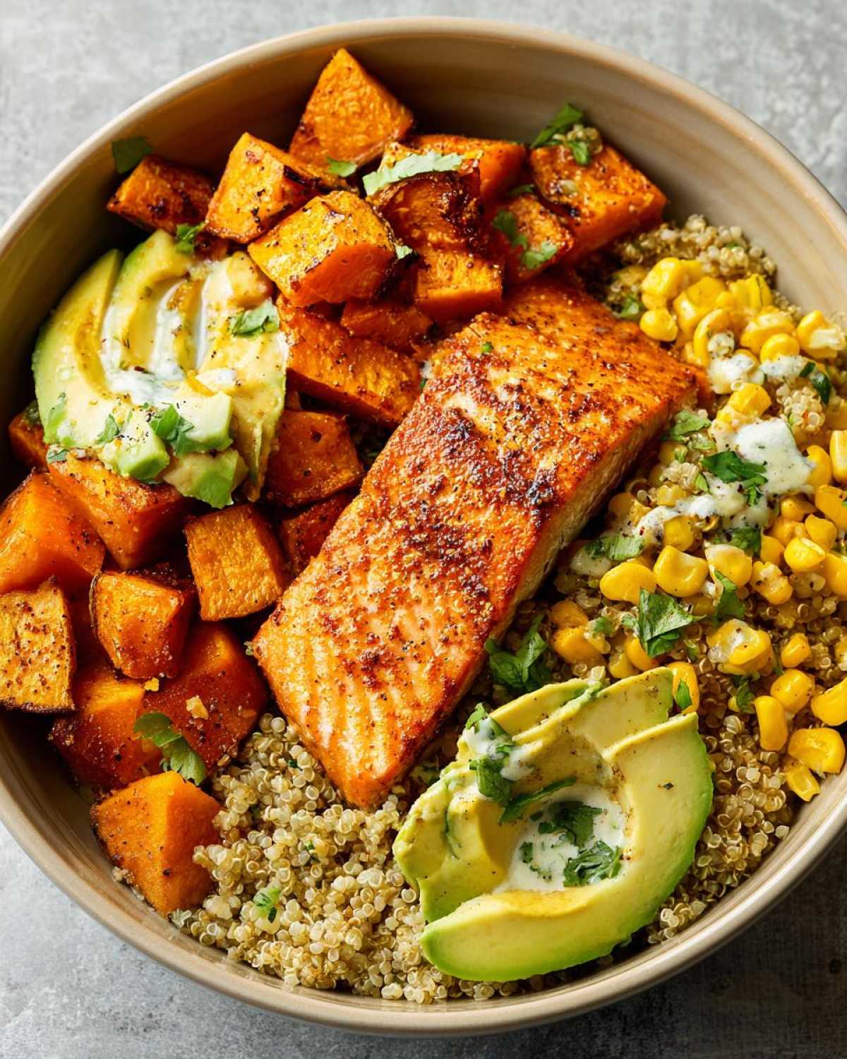 Overhead view of a BBQ Salmon Bowl featuring a seasoned salmon fillet, roasted sweet potato chunks, quinoa, corn, and avocado slices.