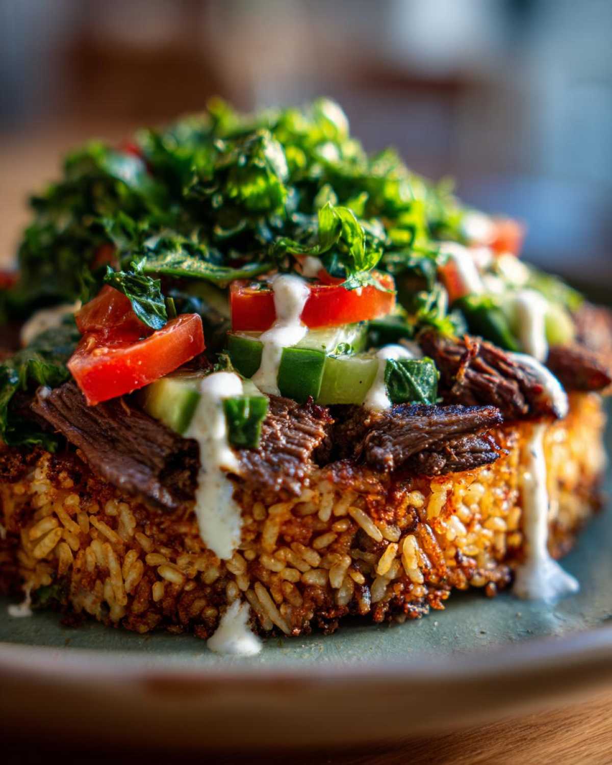 Close-up of a serving of Beef Shawarma Crispy Rice Salad showing the crispy rice base, topped with beef, tomatoes, cucumbers, greens, and white sauce.