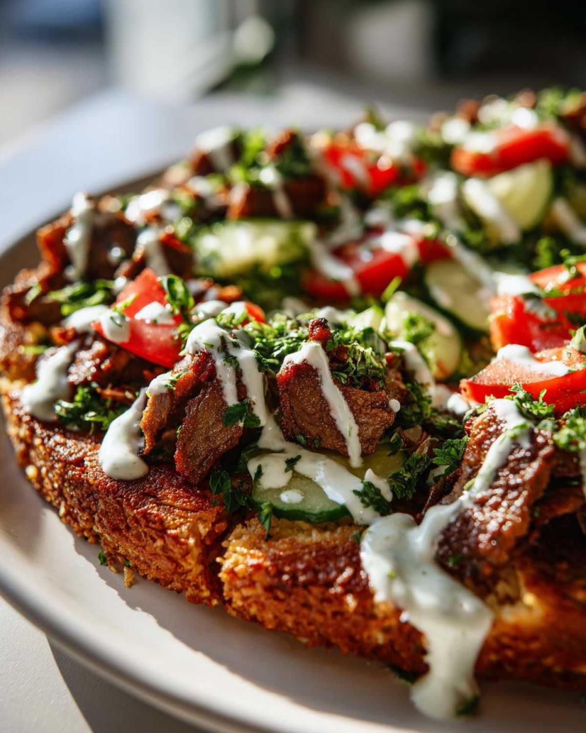 Close-up of Beef Shawarma Crispy Rice Salad featuring crispy rice base, topped with seasoned beef, tomatoes, cucumbers, and a white sauce drizzle.