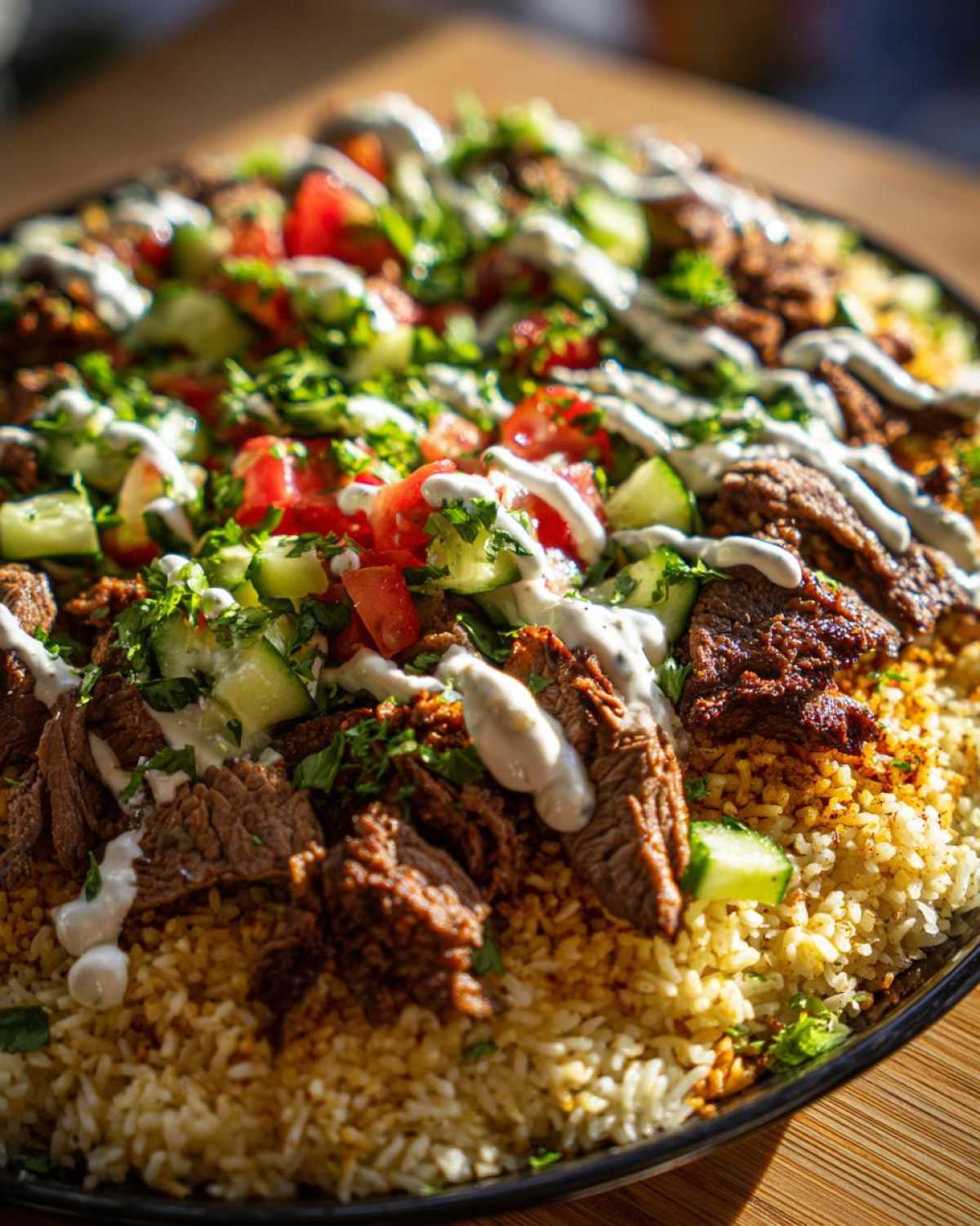 A close-up of Beef Shawarma Crispy Rice Salad topped with seasoned beef, diced tomatoes, cucumbers, and a white tahini drizzle.