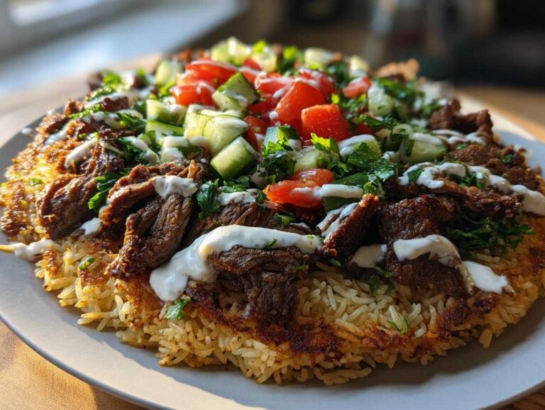A plate featuring Beef Shawarma Crispy Rice Salad with seasoned beef, crispy rice base, fresh tomatoes, cucumbers, and a white sauce drizzle.