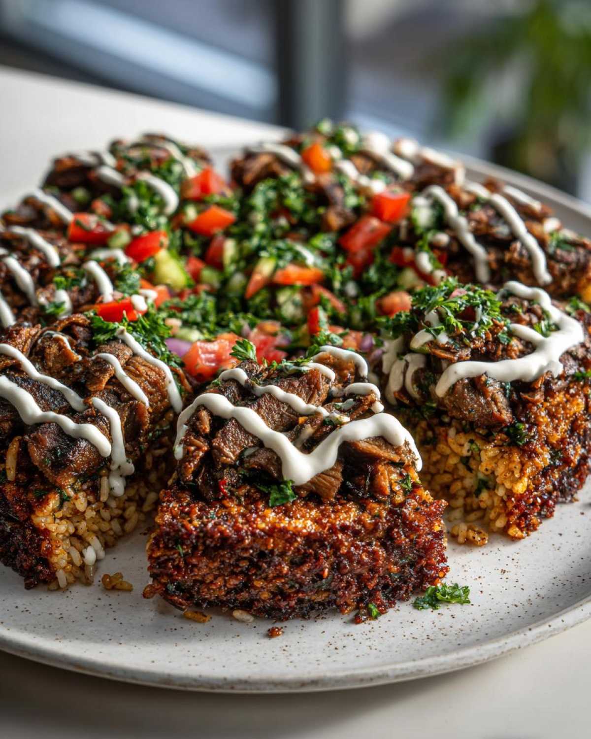 Close-up of molded, crispy rice portions topped with seasoned beef shawarma, fresh tabbouleh, and a white sauce drizzle.