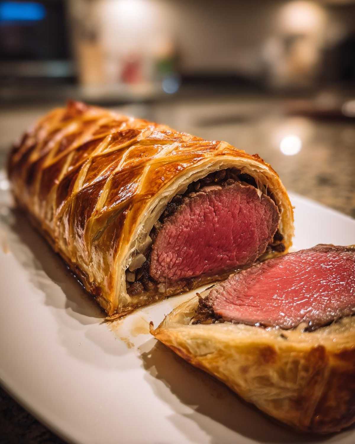Close-up of a perfectly cooked Beef Wellington Individual Servings, showing medium-rare beef inside golden puff pastry.