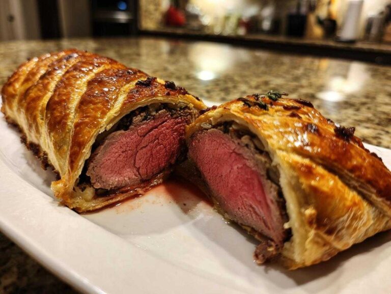 Cross-section of a golden-brown Beef Wellington Individual Servings showing medium-rare pink beef tenderloin inside flaky pastry.