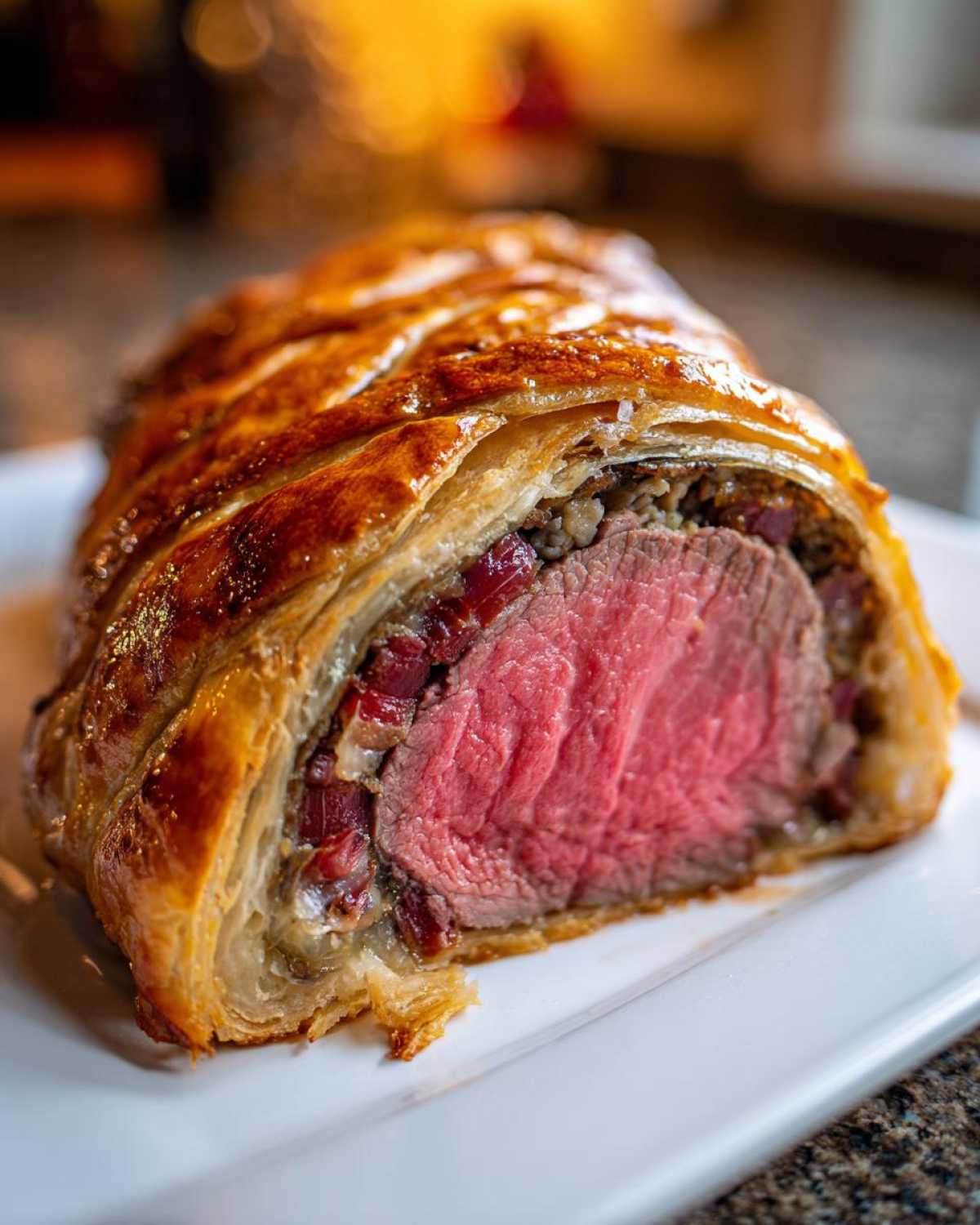 Close-up of a perfectly cooked Beef Wellington Individual Servings showing a medium-rare center.