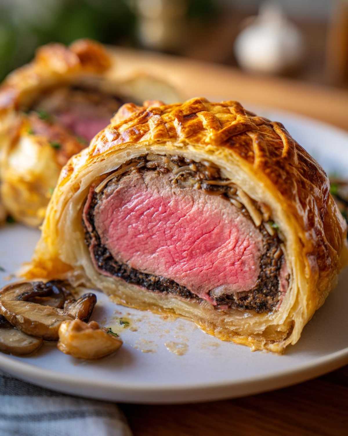 Close-up of a Beef Wellington Individual Servings slice showing medium-rare beef inside golden, flaky pastry.