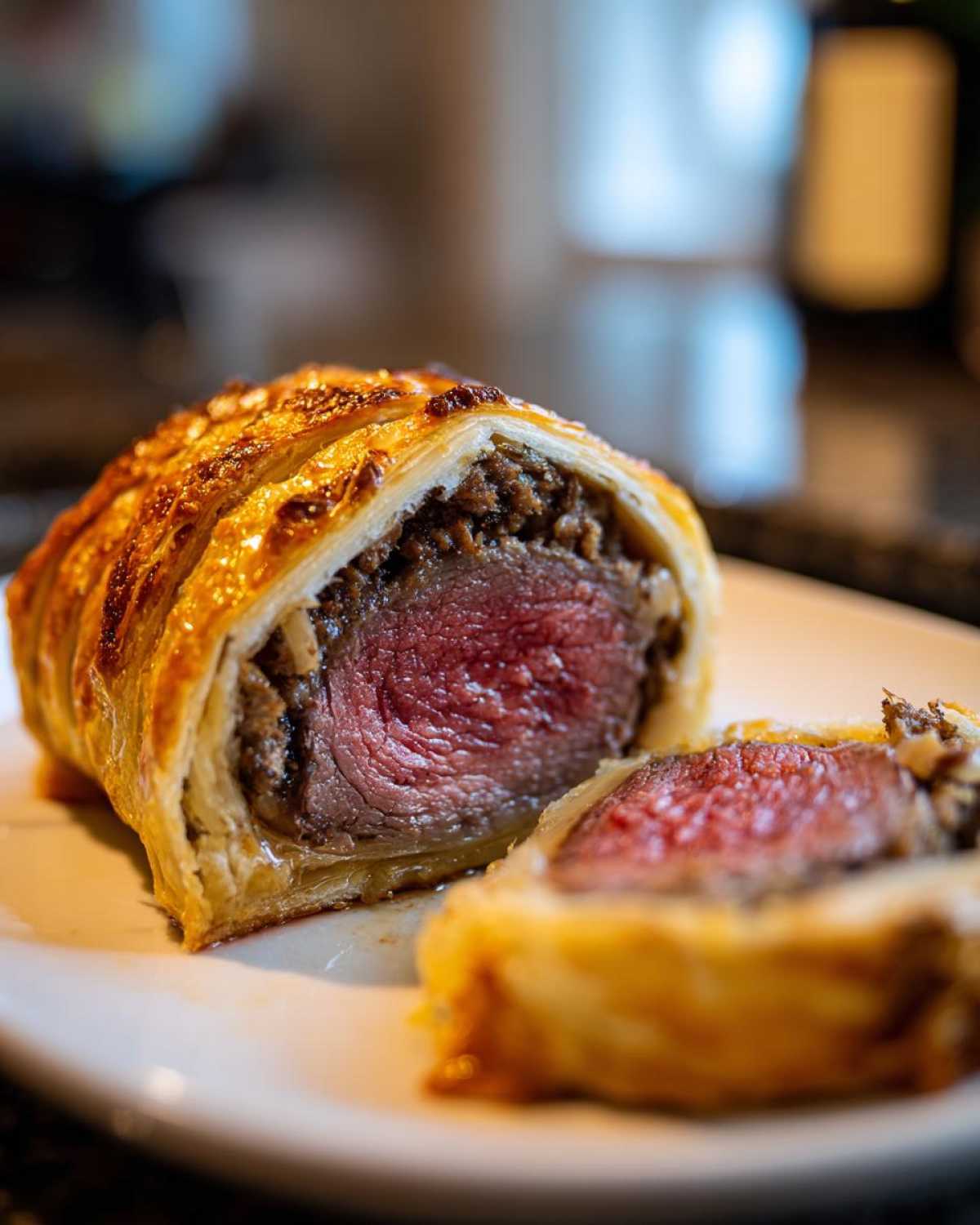 Cross-section of a Beef Wellington Individual Servings showing medium-rare beef inside golden puff pastry.