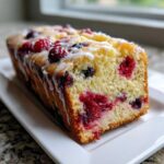 Close-up of a freshly baked loaf cake studded with berries, topped with a white glaze, perfect for Cake Picnic Slices with Fresh Berries.