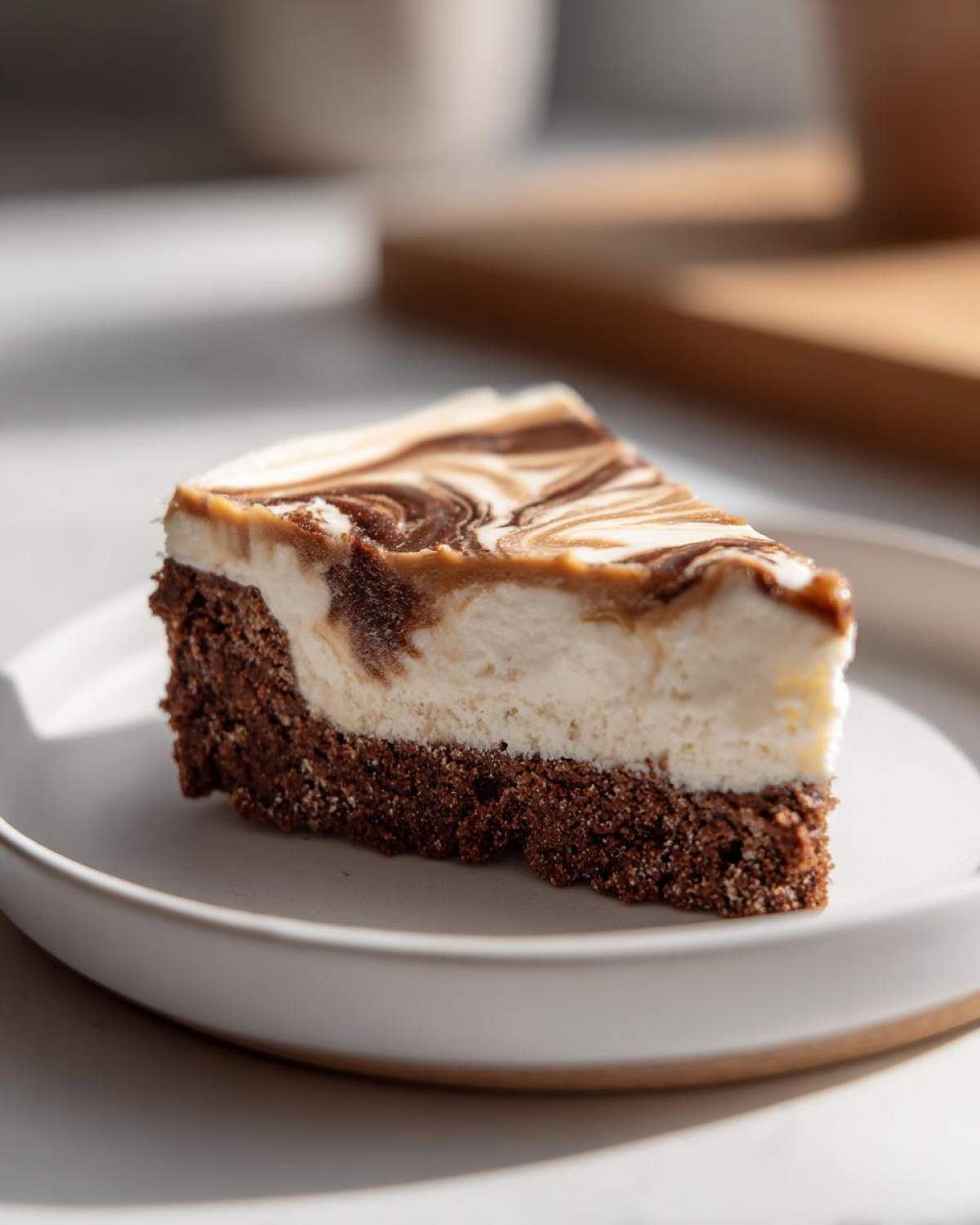 A slice of Biscoff Greek Yogurt Cheesecake Hack showing a dark crust and a swirled creamy top.