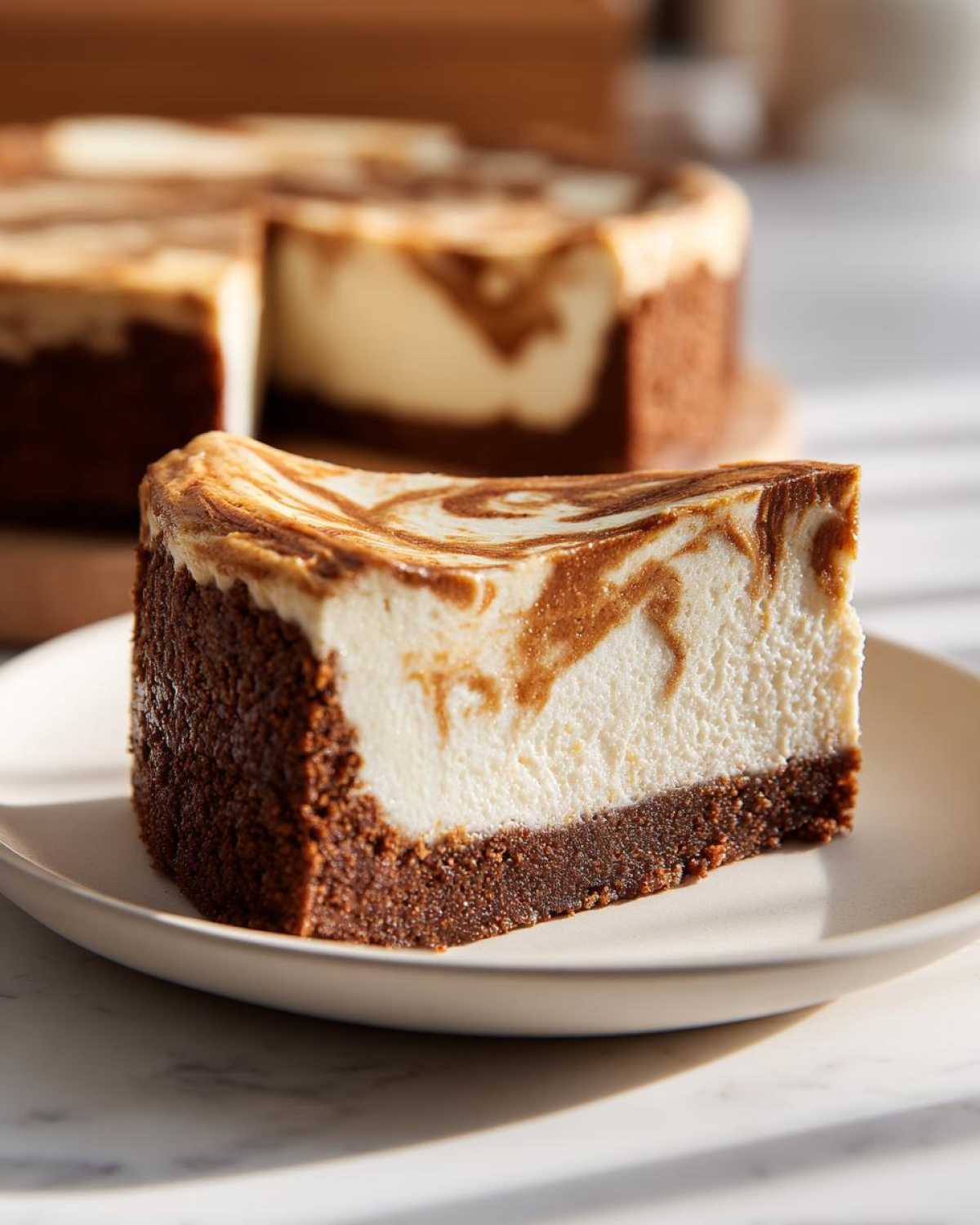 A close-up slice of Biscoff Greek Yogurt Cheesecake Hack with a dark crust and swirled topping, sitting on a light plate.