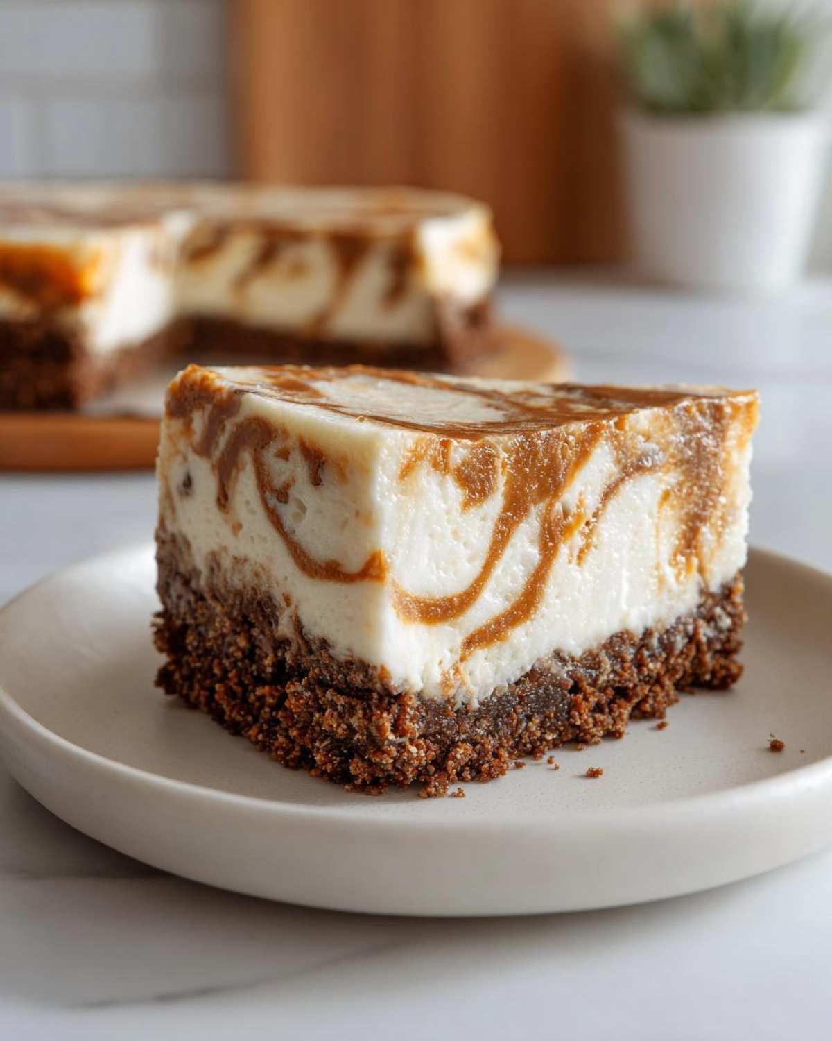 A close-up of a slice of Biscoff Greek Yogurt Cheesecake Hack with a thick, dark crust and a swirled Biscoff topping.