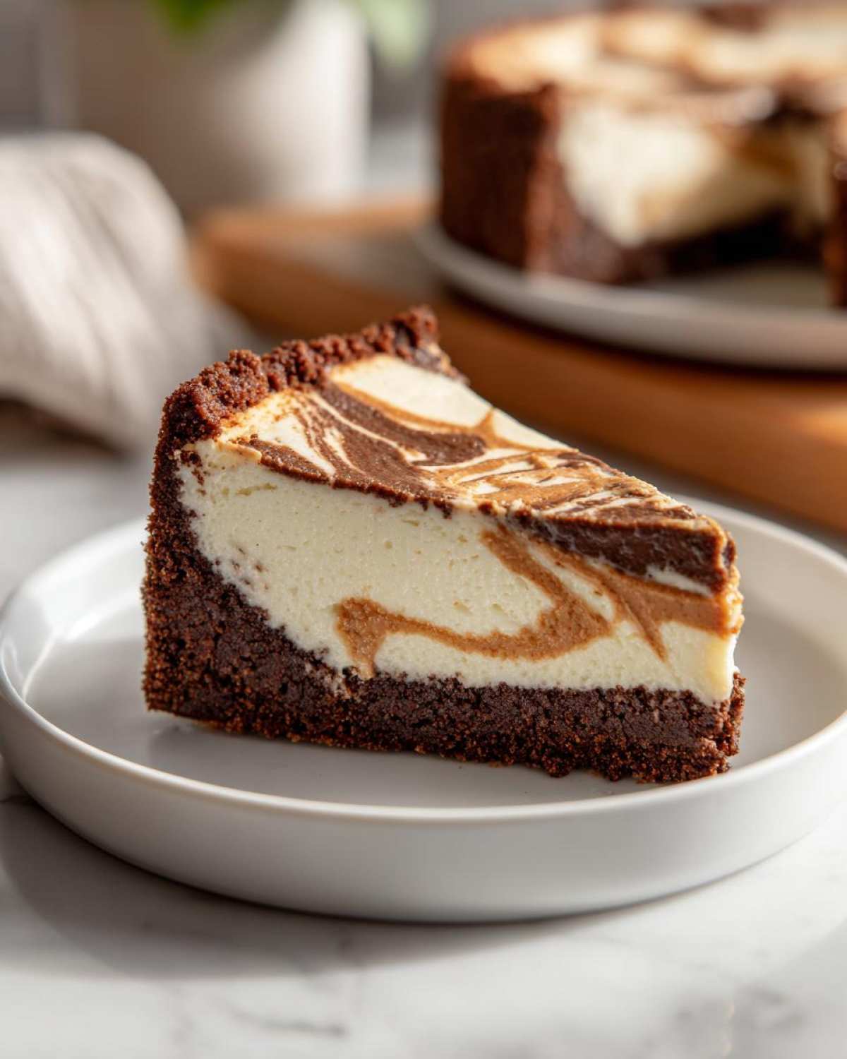 A slice of Biscoff Greek Yogurt Cheesecake Hack featuring a dark chocolate crust and a creamy, swirled top.