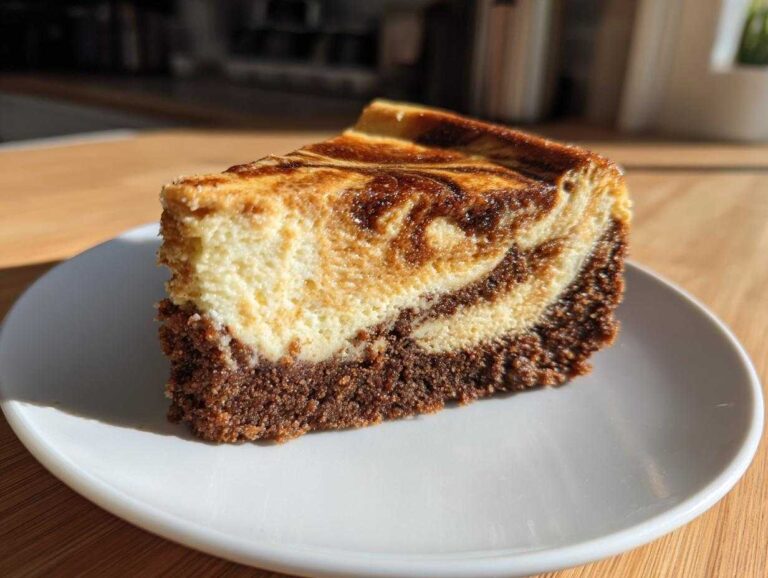 A tempting slice of Biscoff Greek Yogurt Cheesecake Hack showing a dark crust and a creamy, swirled Biscoff topping.