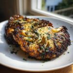 Two perfectly cooked Blistered Cabbage Steaks glistening with garlic butter and topped with fresh parsley.