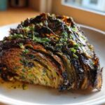 A thick, charred steak of cabbage, glistening with garlic butter and topped with fresh parsley.