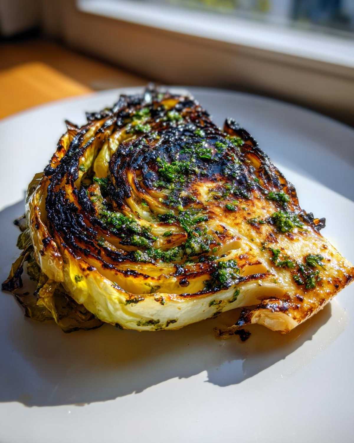 A single, thick slice of Blistered Cabbage Steaks with Garlic Butter, showing charred edges and green herb topping.