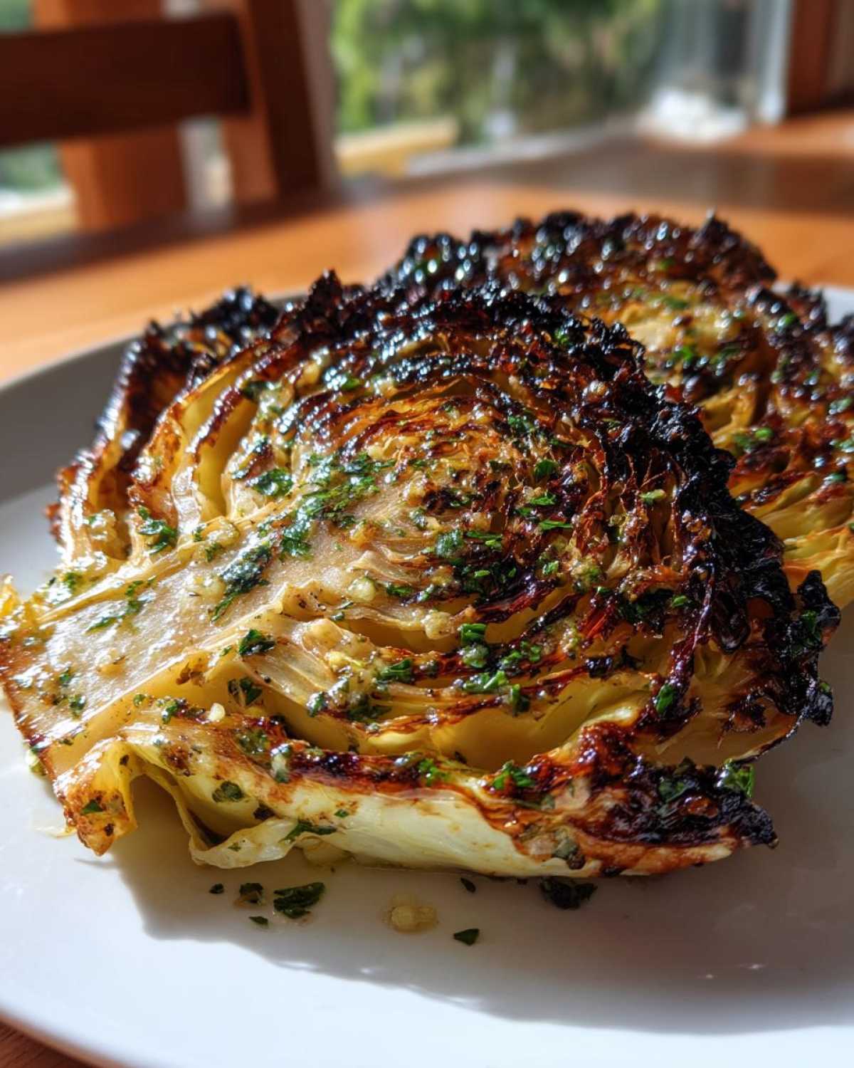 Two perfectly cooked Blistered Cabbage Steaks glistening with garlic butter and topped with fresh parsley.
