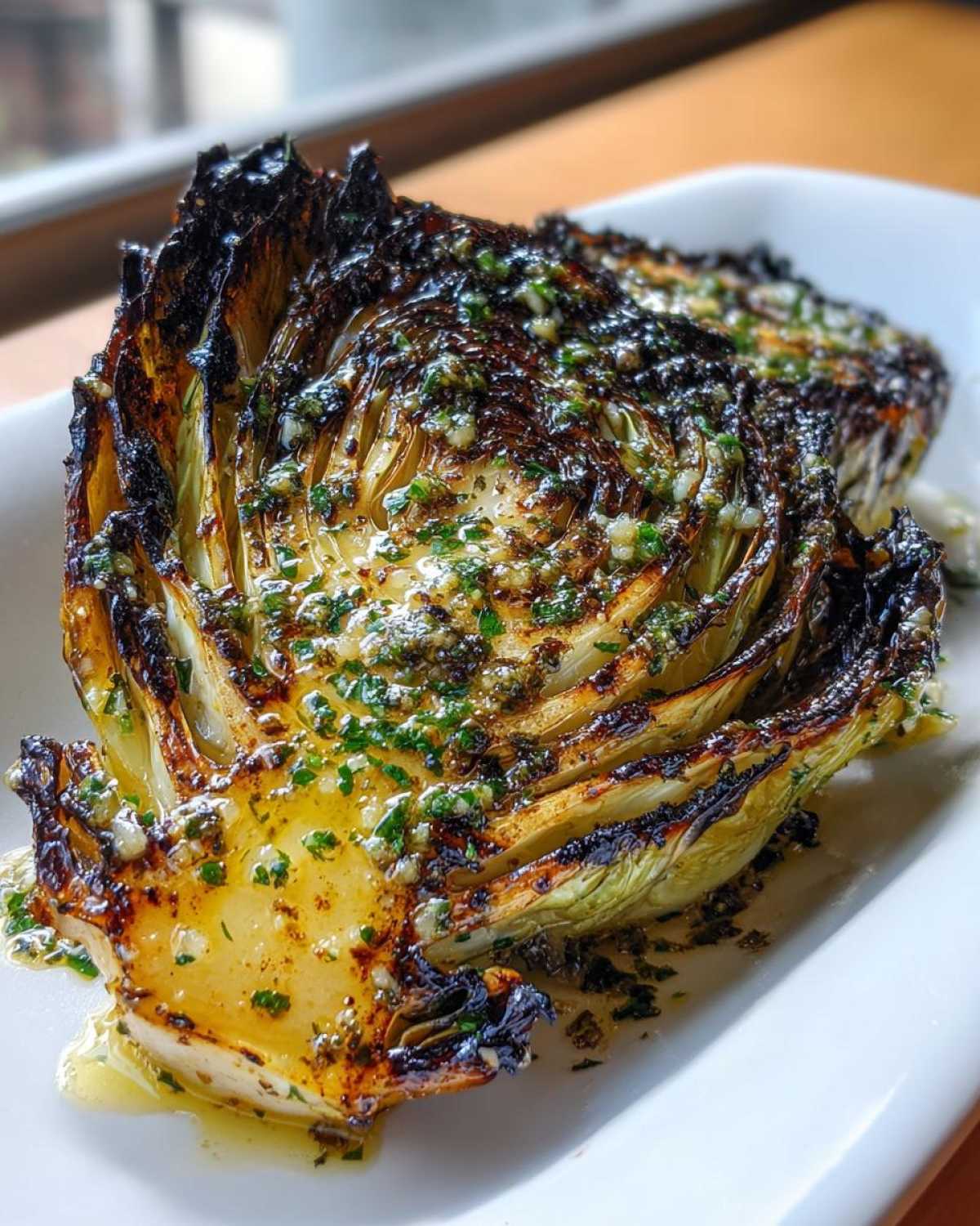Close-up of a perfectly cooked Blistered Cabbage Steak generously topped with melted garlic butter and herbs.
