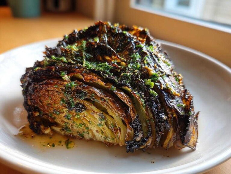 A thick, charred steak of cabbage, glistening with garlic butter and topped with fresh parsley.