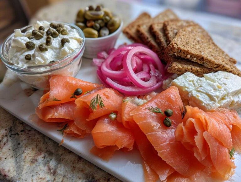 Close-up of a Breakfast Grazing Board with Smoked Salmon, cream cheese, pickled onions, and crackers.