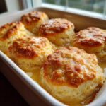 Close-up of golden brown Butter Swim Biscuits with Melted Butter soaking in a white baking dish.