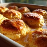 Close-up of golden brown Butter Swim Biscuits with Melted Butter soaking in a baking dish.