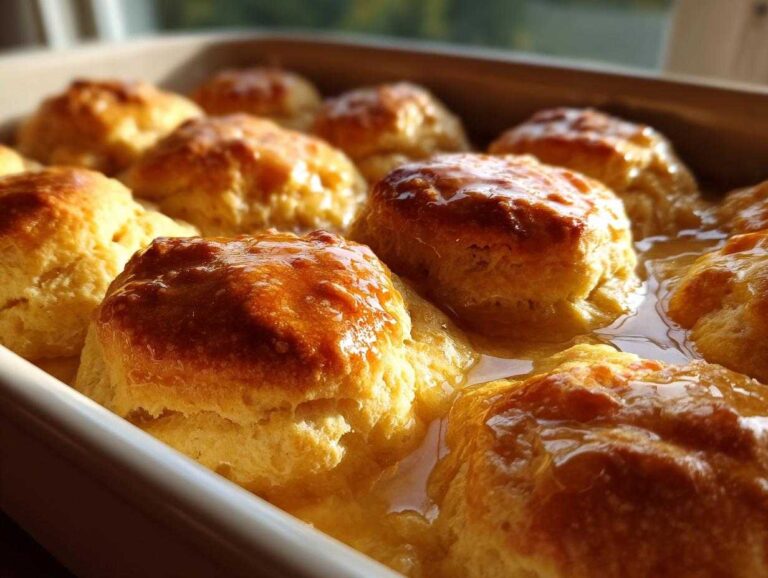 Close-up of golden brown Butter Swim Biscuits with Melted Butter soaking in a baking dish.