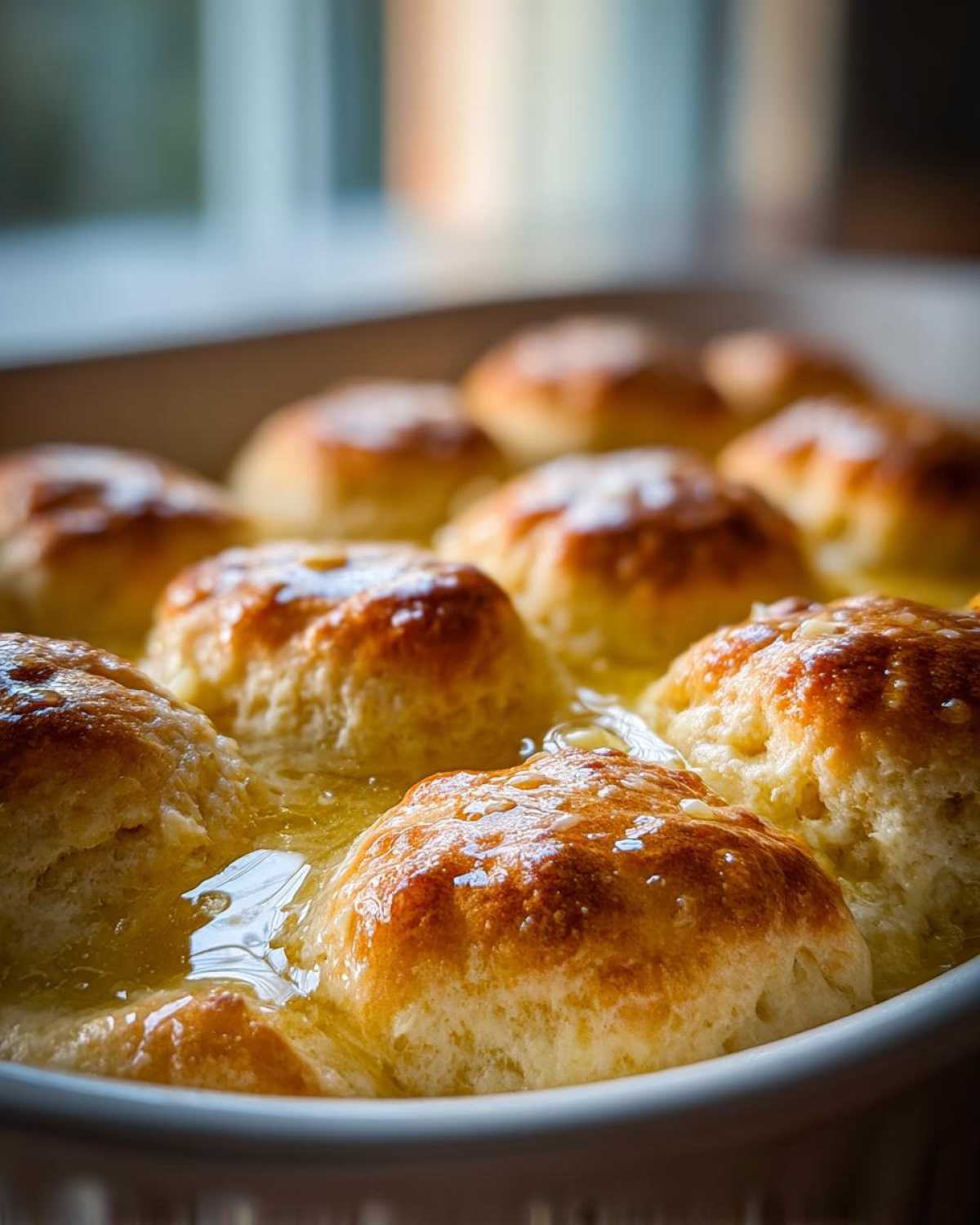 Close-up of golden brown Butter Swim Biscuits soaking in a pool of melted butter in a white baking dish.