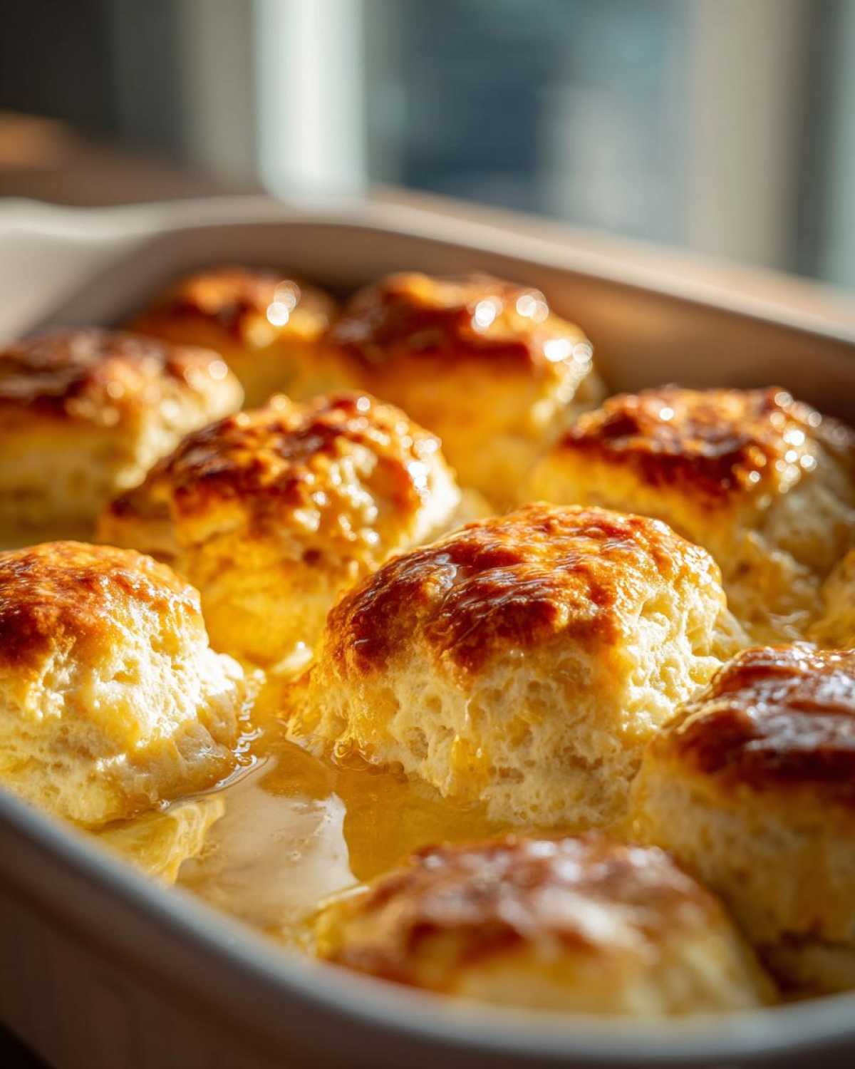 Close-up of golden brown Butter Swim Biscuits with Melted Butter baking in a dish, soaking in liquid butter.