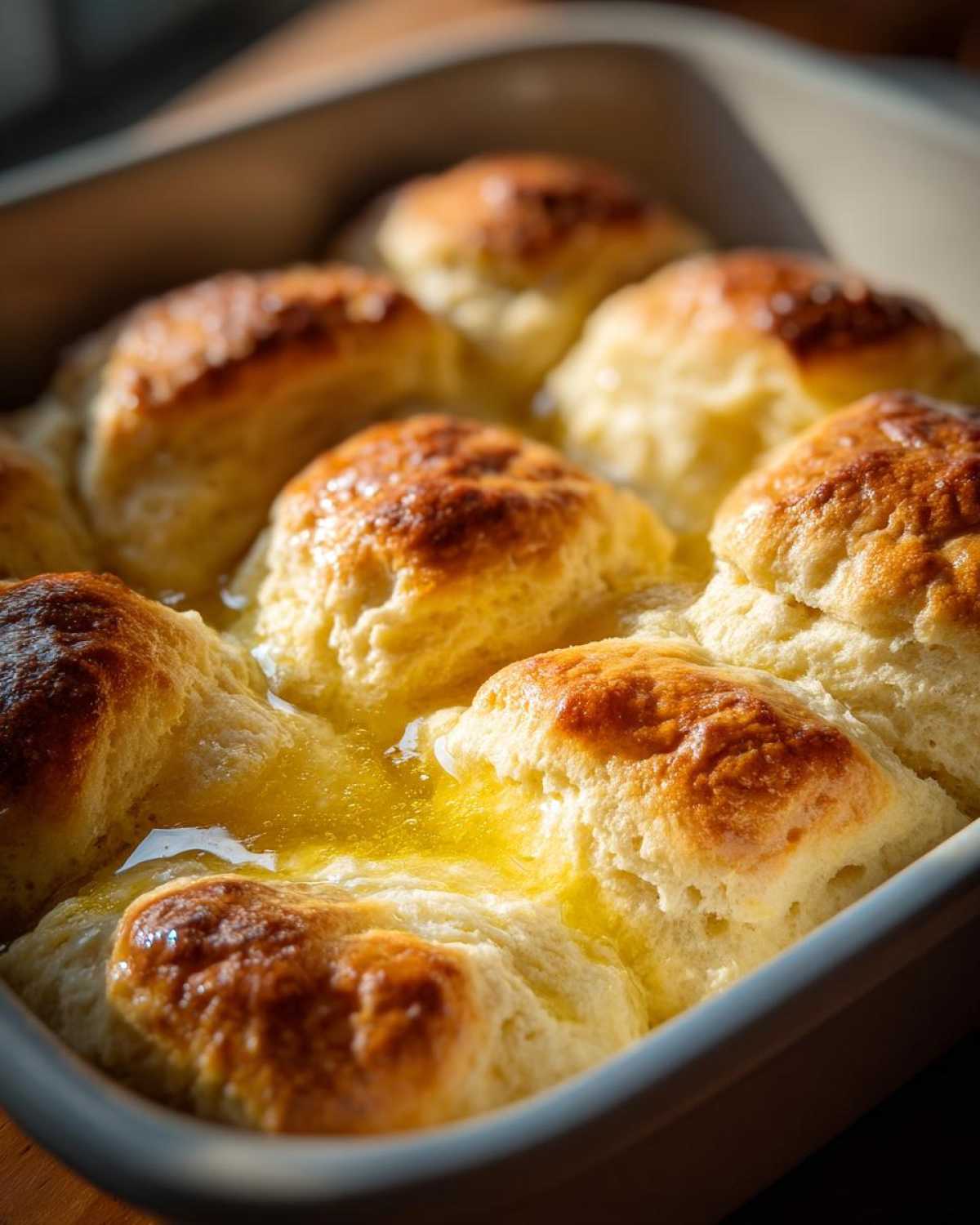 Close-up of golden-brown Butter Swim Biscuits soaking in pools of melted butter in a baking dish.