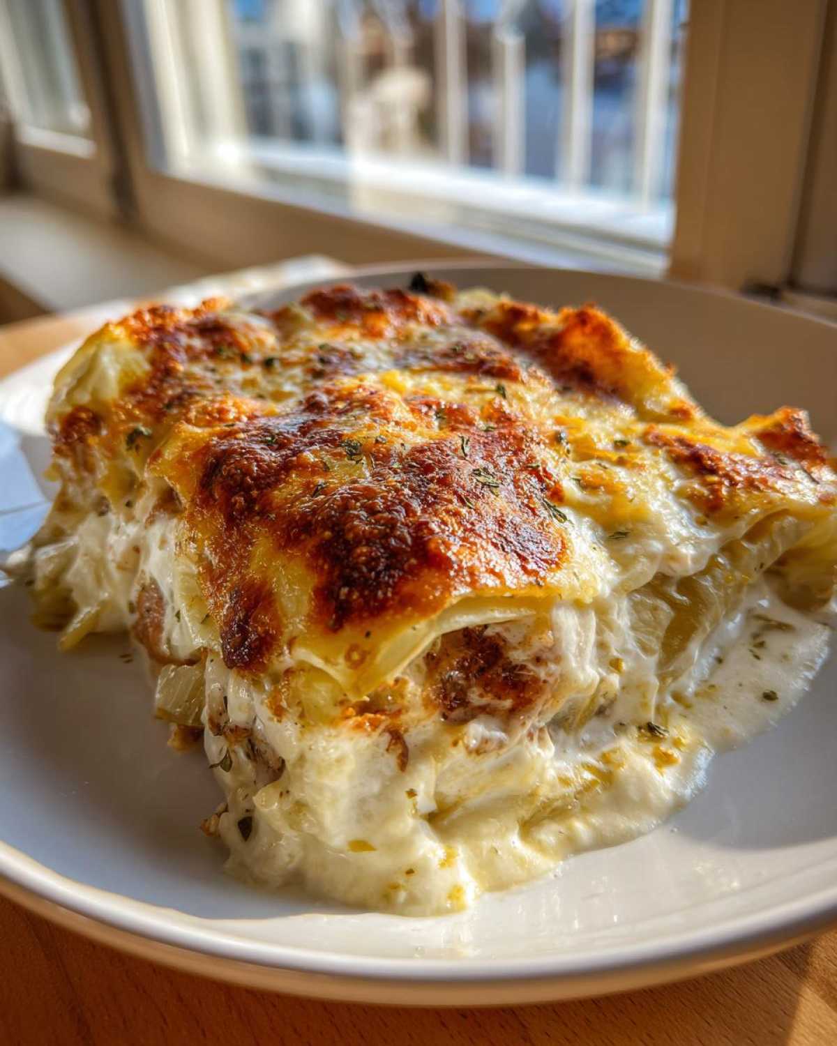 A rich, creamy slice of Cabbage Alfredo with Parmesan Crust, featuring a golden-brown, bubbly cheese topping.