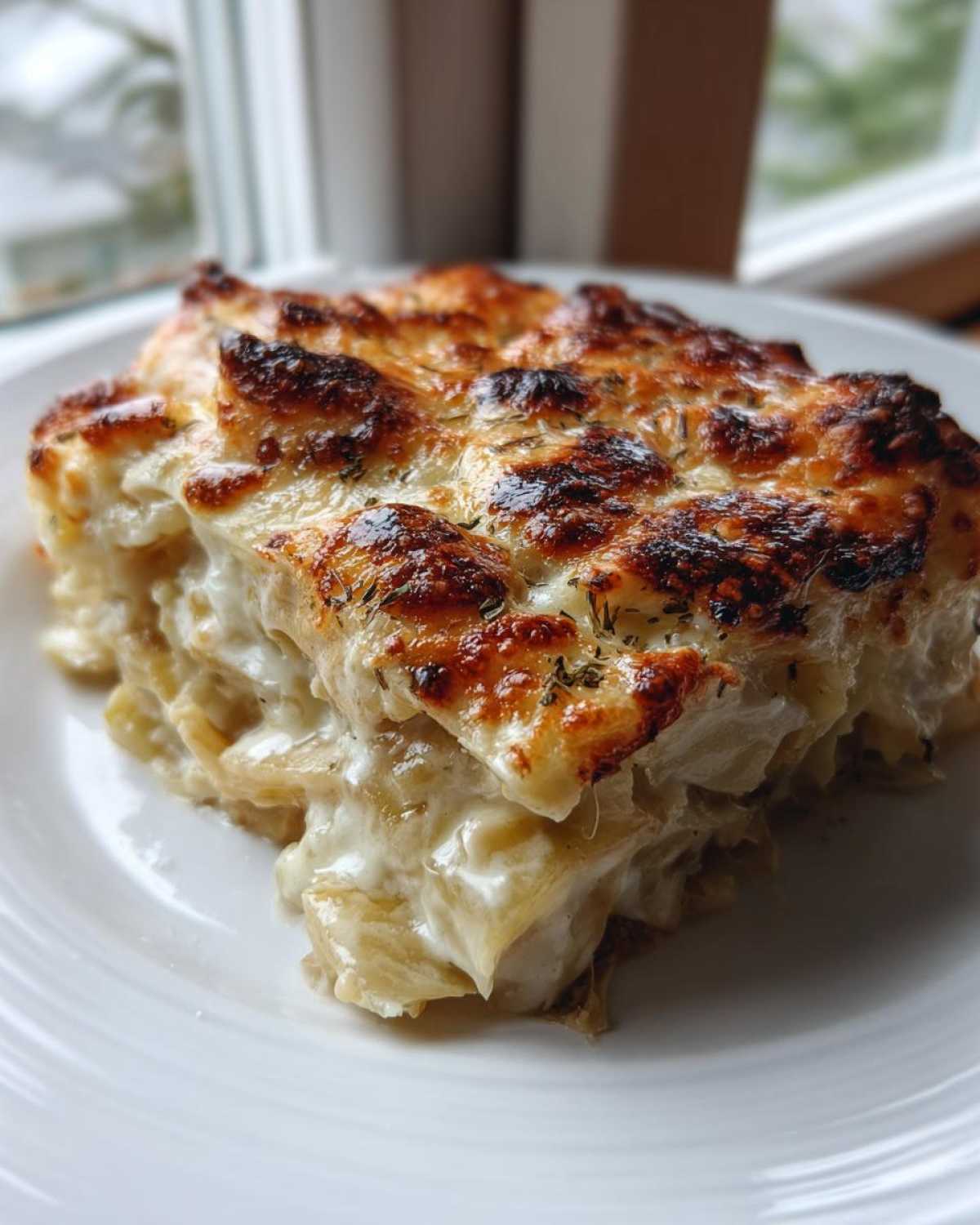 A close-up of a square serving of Cabbage Alfredo with Parmesan Crust, showing layers of creamy sauce and a bubbly, browned cheese topping.