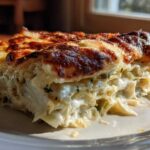 A close-up of a creamy slice of Cabbage Alfredo with Parmesan Crust, showing the browned top layer.