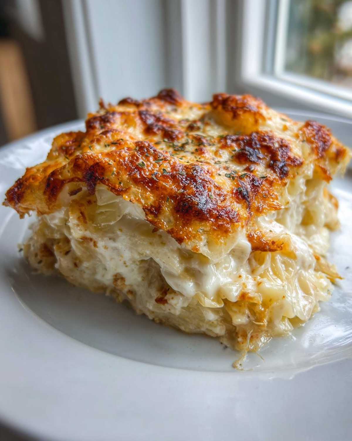 A close-up of a hearty serving of Cabbage Alfredo with Parmesan Crust, showing creamy layers and a browned, cheesy top.