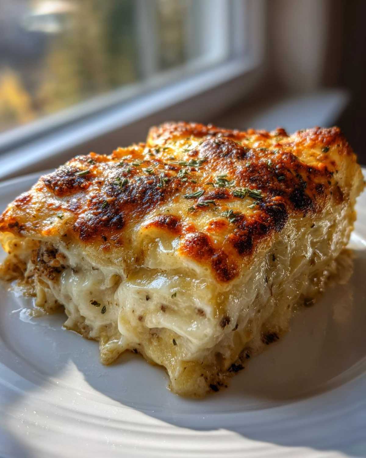 A close-up of a cheesy, baked slice of Cabbage Alfredo with Parmesan Crust, showing melted cheese.