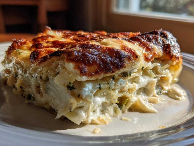 A close-up of a creamy slice of Cabbage Alfredo with Parmesan Crust, showing the browned top layer.