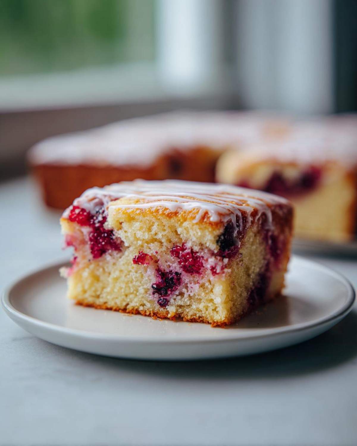 Close-up of a sturdy Cake Picnic Slices with Fresh Berries slice on a white plate, topped with white glaze.