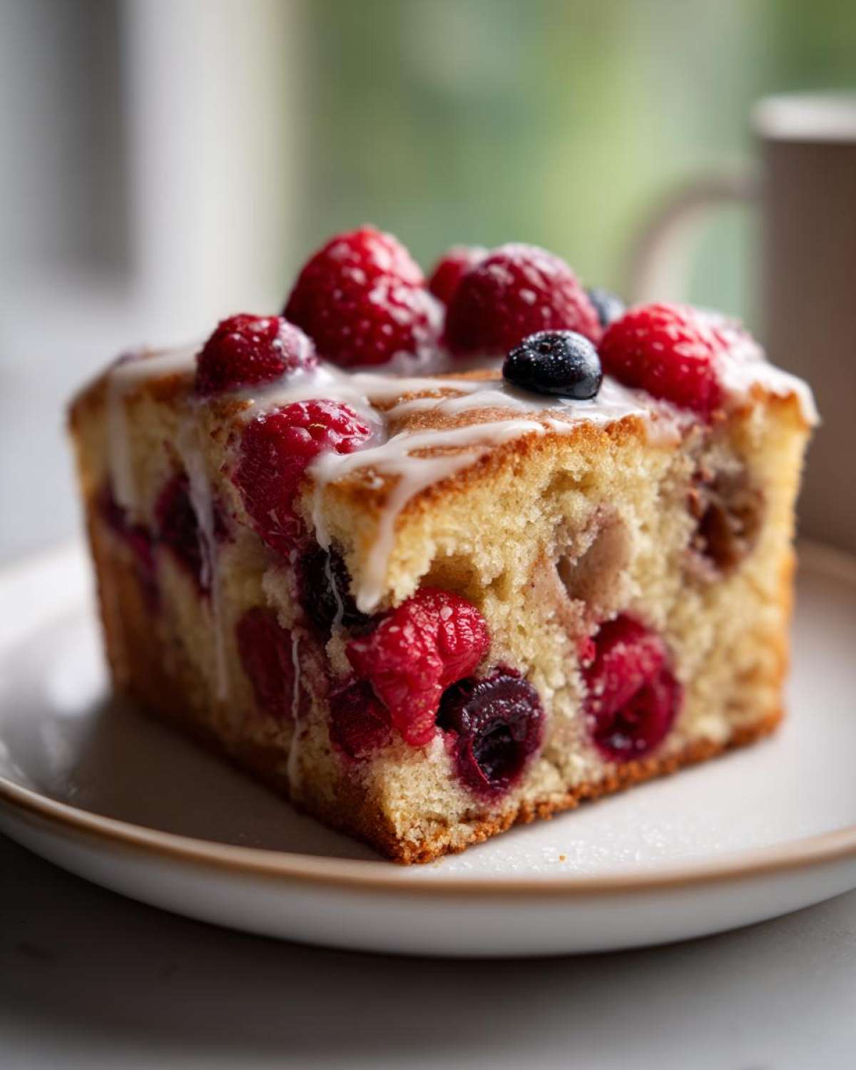 A single square slice of sturdy Cake Picnic Slices with Fresh Berries, topped with white glaze and whole raspberries.